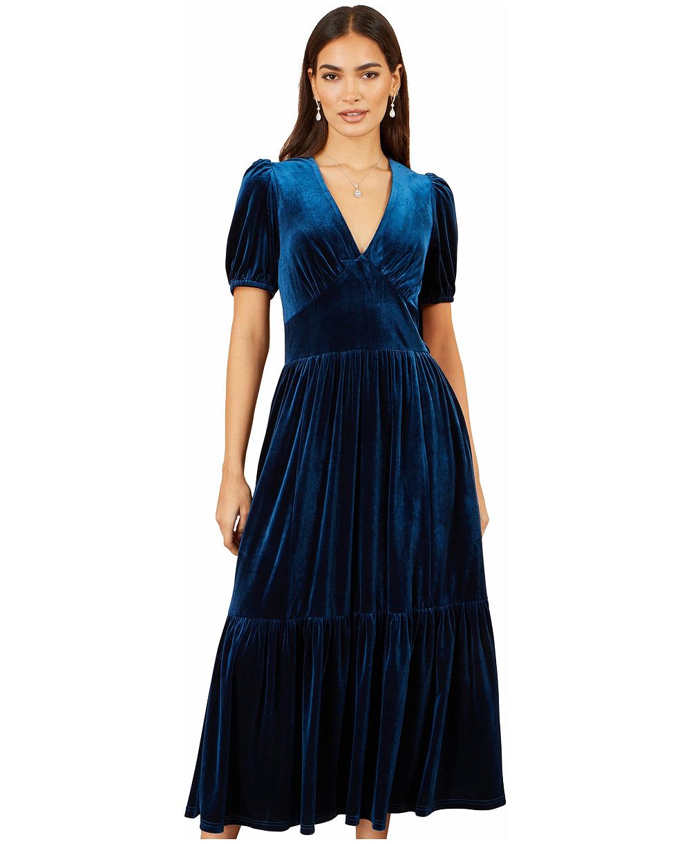 Yumi Women's Puff Sleeve V-Neck Velvet Midi Dress