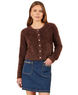 Yumi Women's Eyelash Knit Sparkle-Button Crew Neck Cardigan