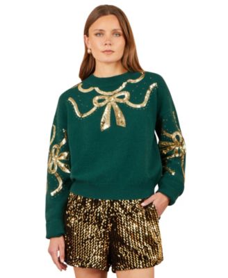 Yumi Women's Sequin Bow Long-Sleeve Knit Sweater