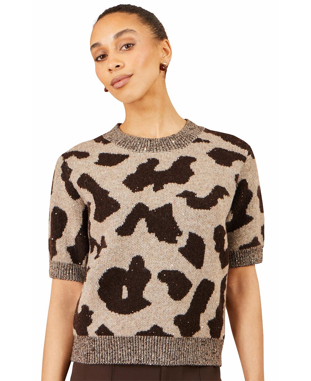 Yumi Women's Leopard Intarsia Short-Sleeve Sweater