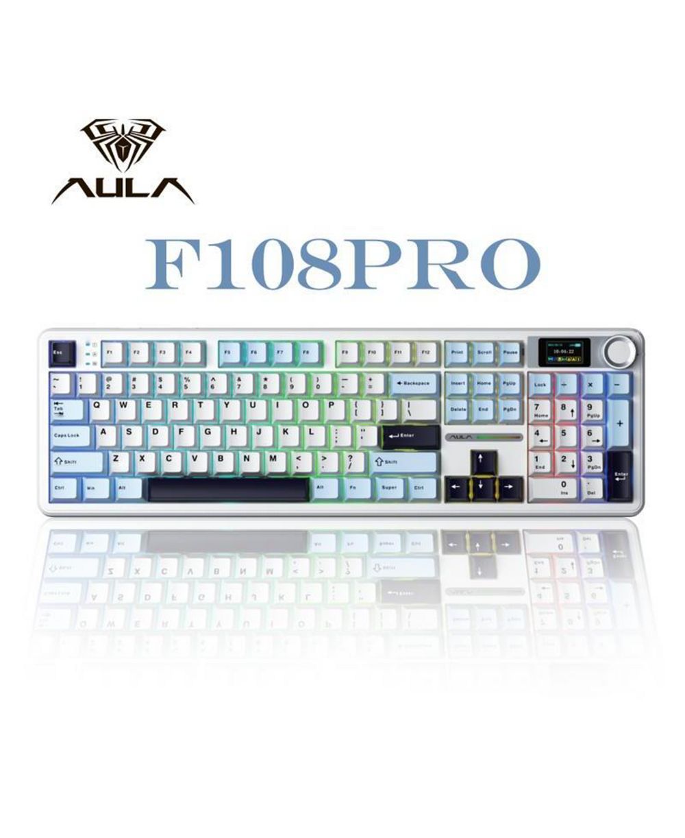 AULA F108 Pro, 104-Key Wireless Hot Swappable Mechanical Gaming Keyboard, RGB, Knob, 8000 mAH Battery, Digital Screen