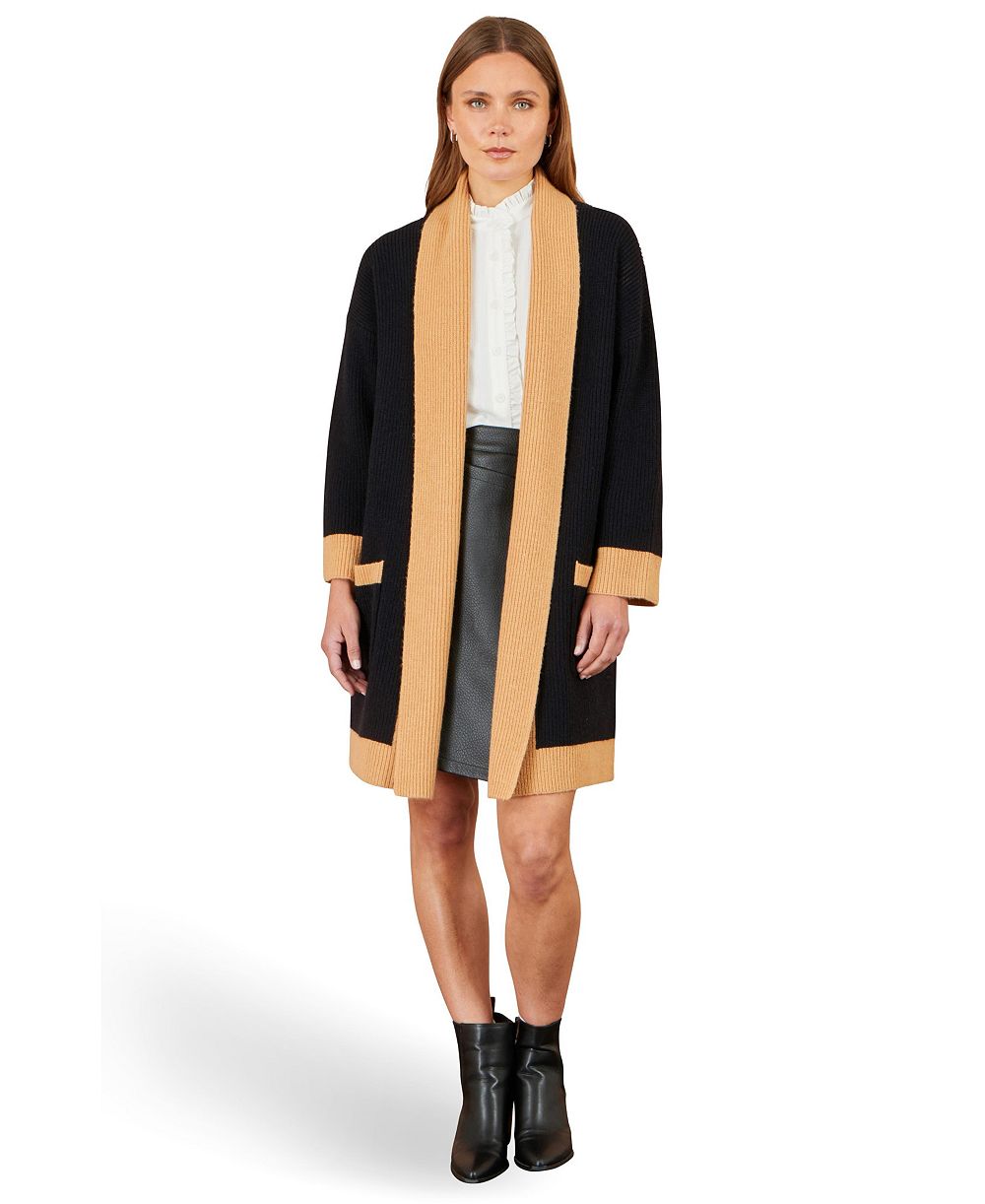 Yumi Women's Longline Ribbed Border Open Cardigan