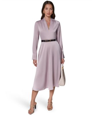 Donna Karan New York Women's Long-Sleeve Satin Belted Midi Dress