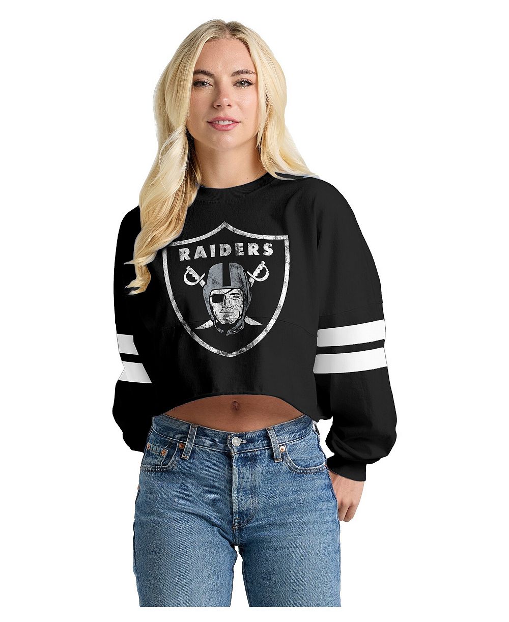 Spirit Jersey Women's Las Vegas Raiders Oversized Cropped Stripe Long-Sleeve Crewneck T-Shirt