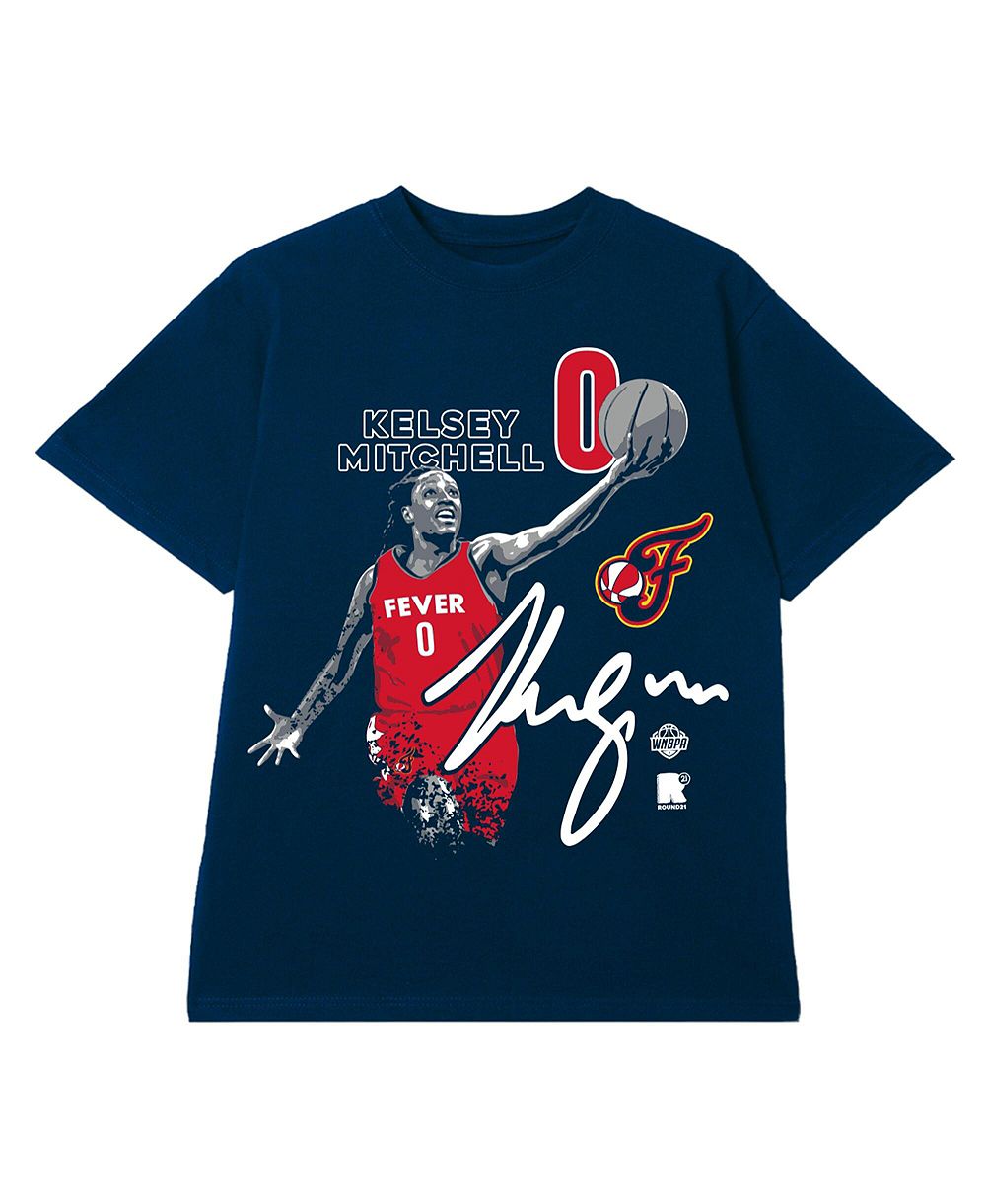 Round21 Мужская и Женская футболка Kelsey Mitchell Indiana Fever Navy Graphic