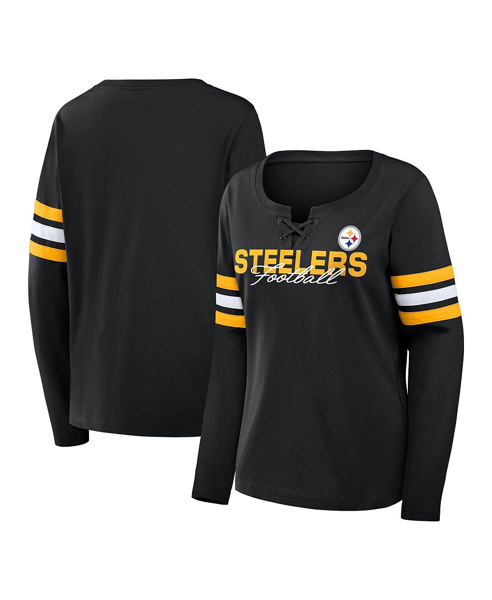 Женская футболка Fanatics Pittsburgh Steelers Team First Coverage Scheme Lace-Up с длинным рукавом в цвете Black