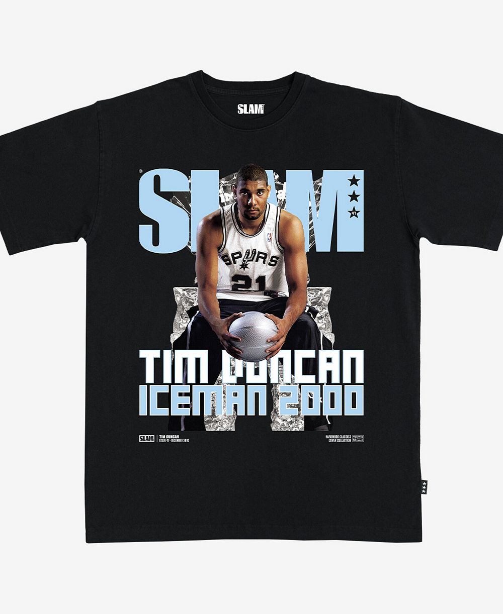 Мужская и женская футболка Slam Tim Duncan Black San Antonio Spurs Hardwood Classics Cover