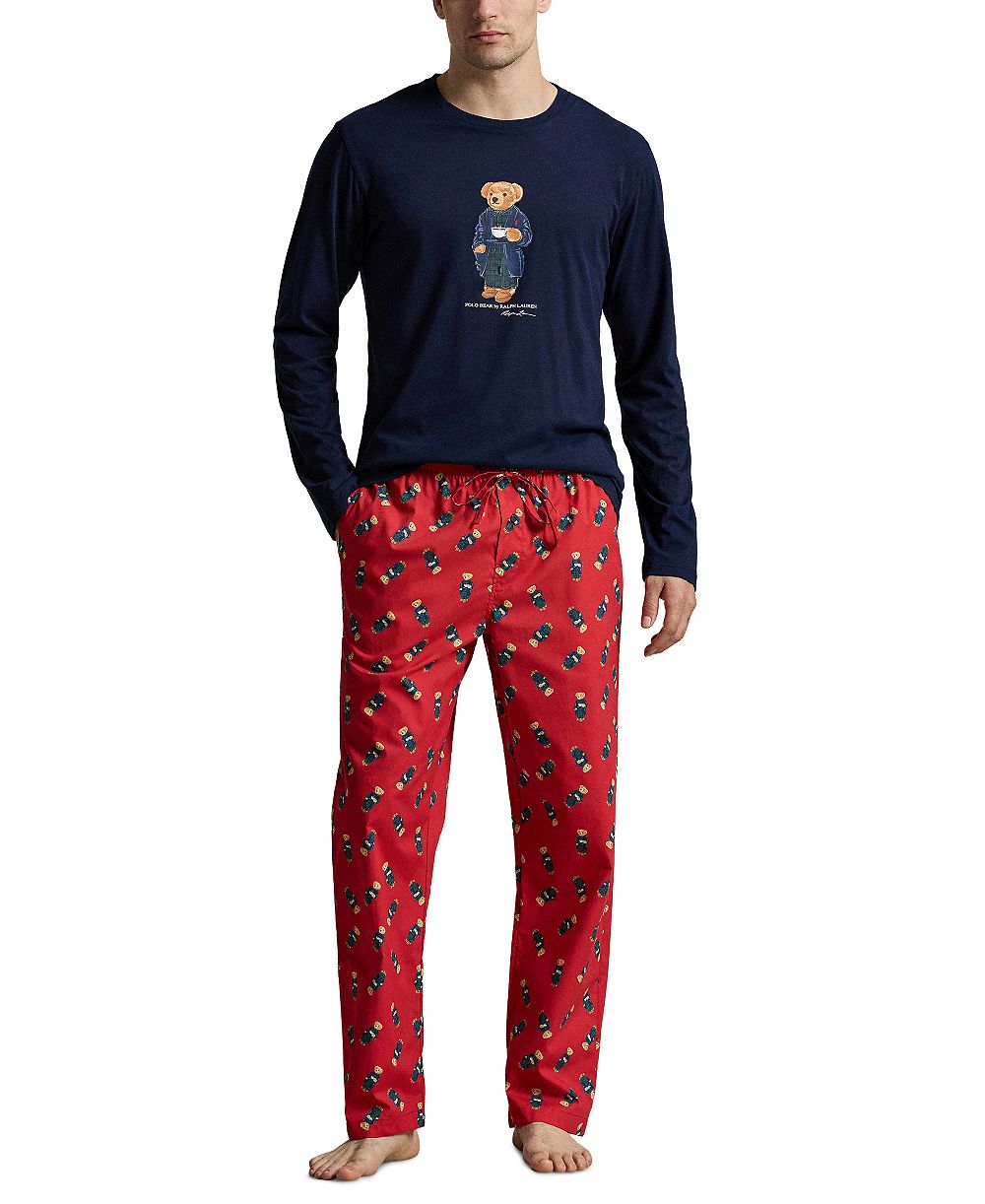 Polo Ralph Lauren Men's Polo Bear Long-Sleeve Crewneck Cotton Top and Pants, 2-Piece Set