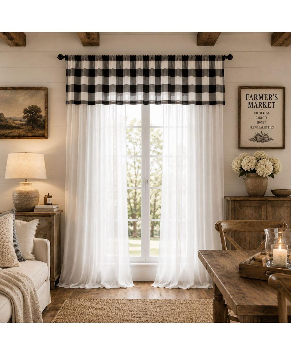 Kate Aurora Комплект из 3 предметов: прозрачные занавески Buffalo Plaid и ламбрекен в стиле кантри-фармхаус