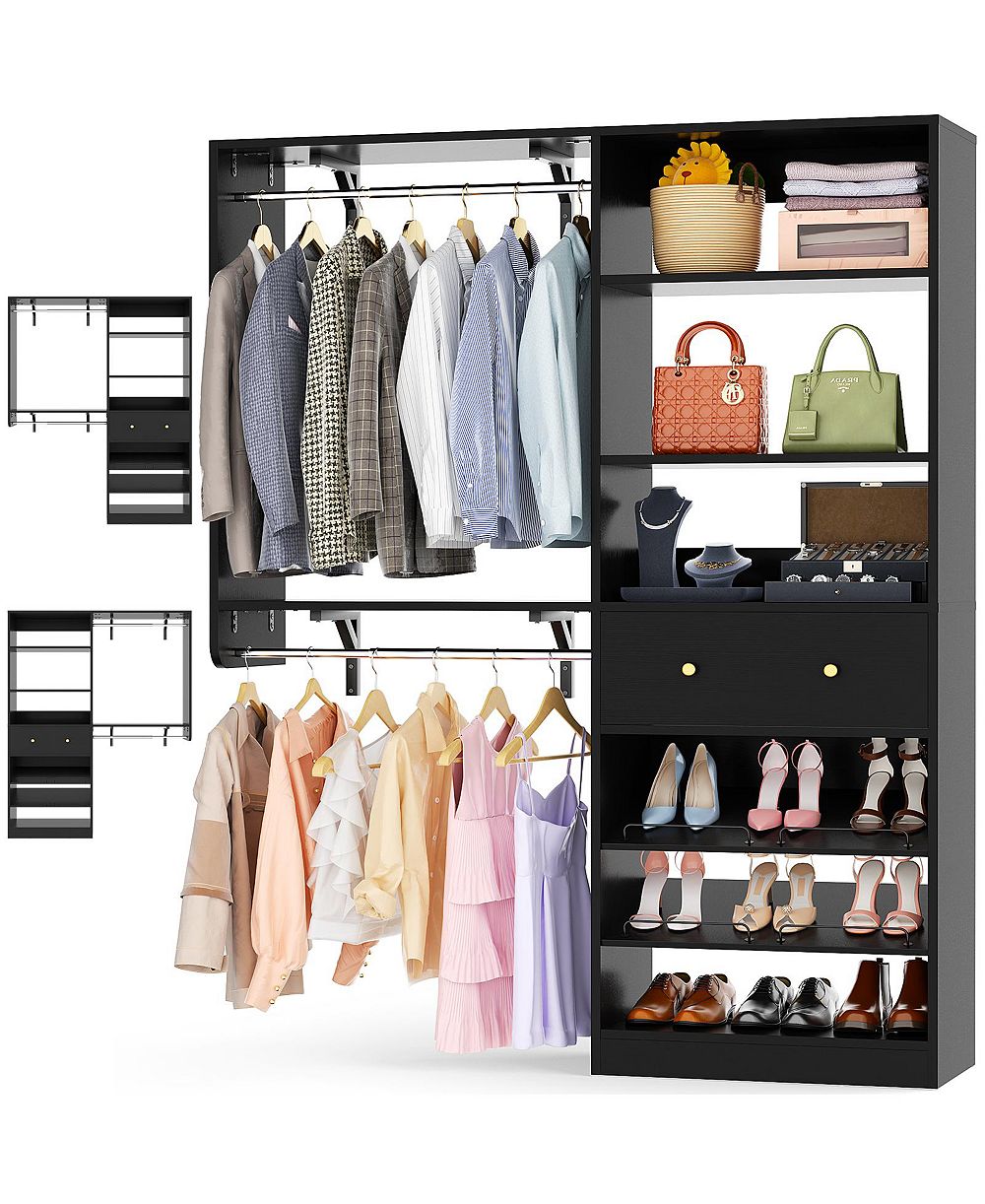 Aheaplus 5FT Reversible Wood Closet Organizer with 2 Hanging Rods and Shelf