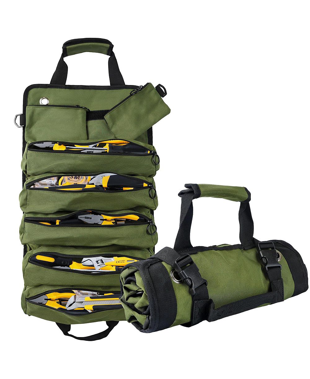 XDOVET Roll Up Tool Bag Organizer 5 Compartments Detachable Pouches Waterproof Electrician Gifts Army Green