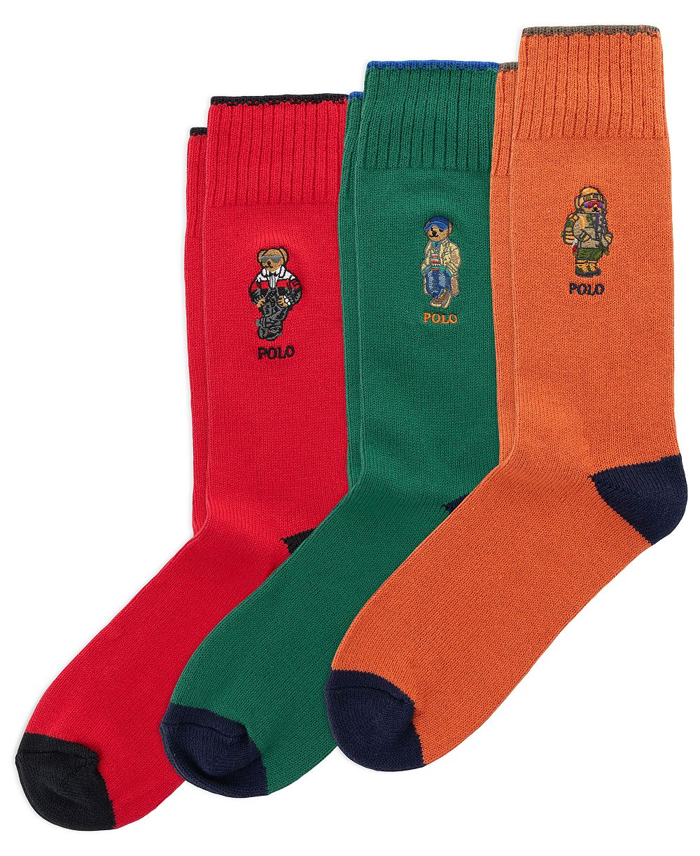 Polo Ralph Lauren Men's Seasonal Bears Embroidered Ribbed Cuff Crew Socks, 3-Pack