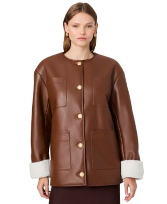 French Connection Women's Porto Faux Leather Sherpa-Lined Long-Sleeve Coat