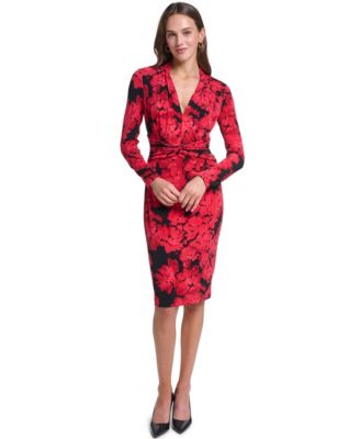 Calvin Klein Women's V-Neck Floral-Print Long-Sleeve Sheath Dress