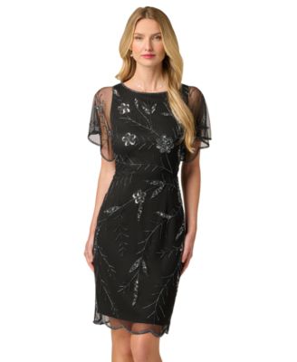 Adrianna Papell Women's Sheer-Flutter-Sleeve Floral-Print Beaded Dress