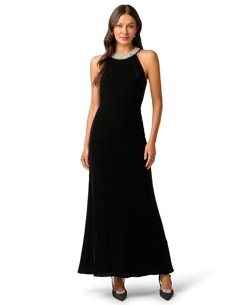 Adrianna Papell Women's Imitation Pearl Collar Velvet Halter Gown