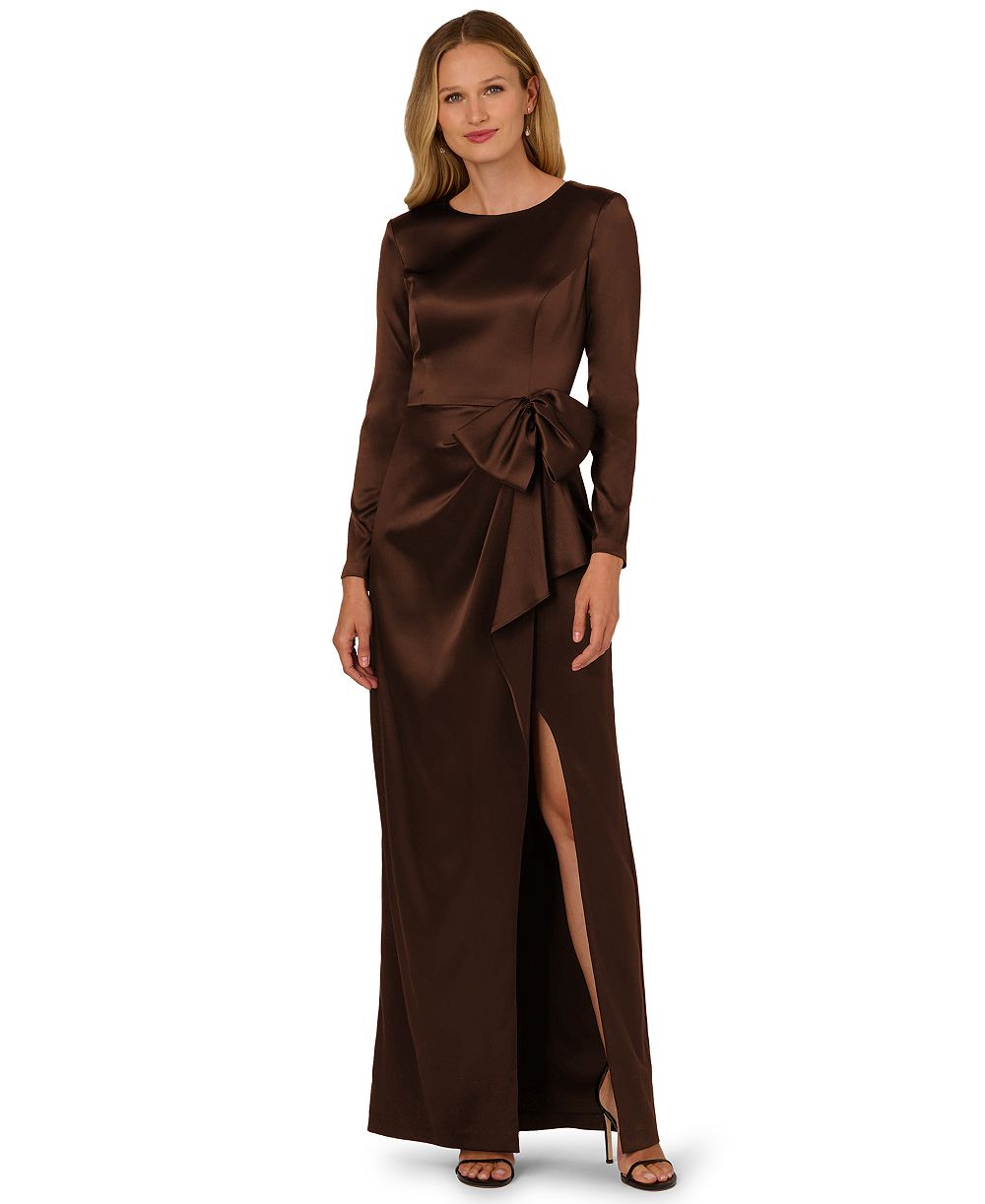 Adrianna Papell Women's Long-Sleeve Ruffle Bow Boat Neck Dress