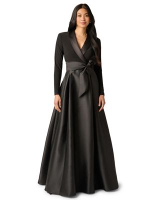 Adrianna Papell Women's Tuxedo Combo Fit and Flare Long-Sleeve Shawl Collar Satin Gown