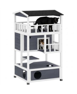 RUIE Wooden Outdoor Cat House Feral Shelter Condo with Asphalt Roof