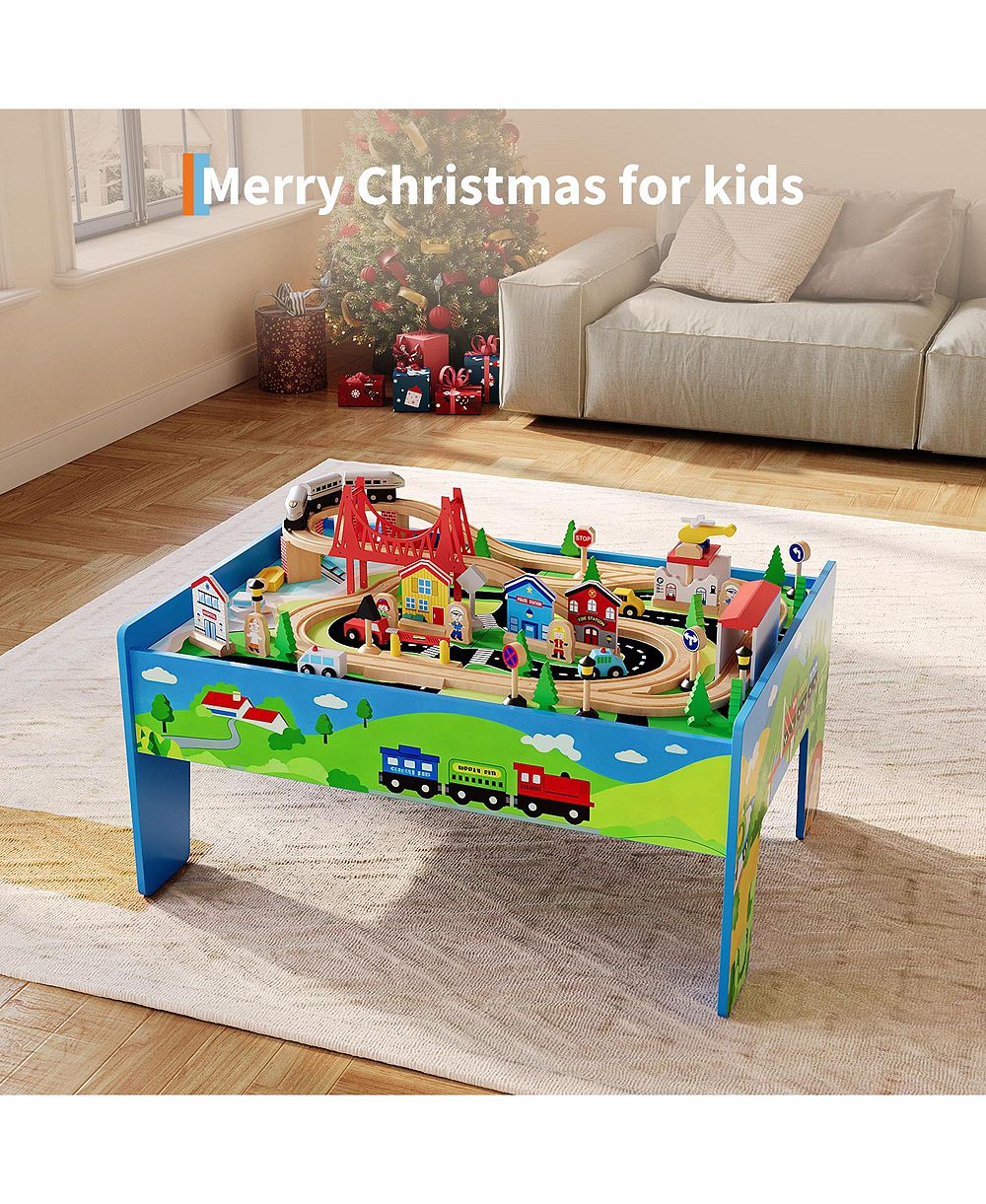 Детский игровой стол homfan Train and City 2 in 1 Reversible 80-Piece Wooden Activity Table, для детей 3+