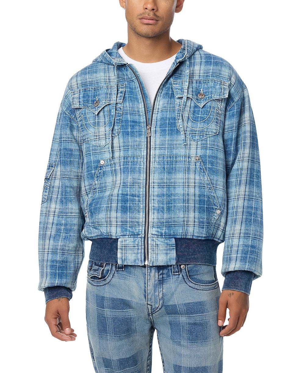 True Religion Men's Hooded Plaid Bomber Jacket