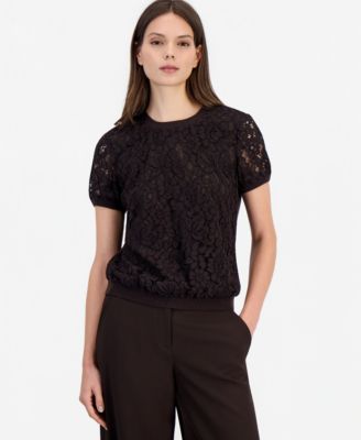Tahari ASL Women's Floral Lace Short-Sleeve Sweater