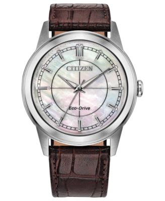 Citizen Men's Rolan White Dial Brown Leather Strap Watch 37mm
