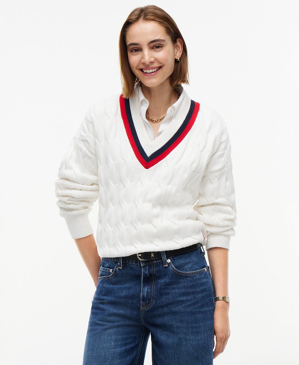 Tommy Hilfiger Women's Cricket Cable-Knit V-Neck Oversized Sweater