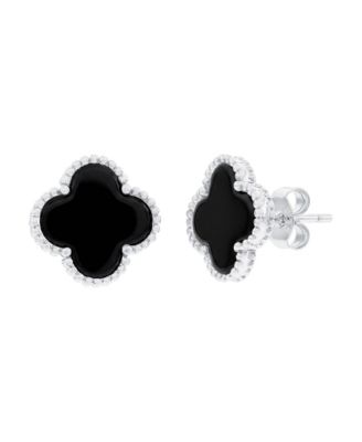 Simona Sterling Silver Onyx Clover, Beaded Outline Studs