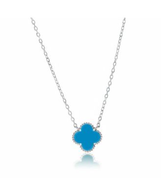 Simona Sterling Silver Simulated Turquoise Clover, Beaded Outline Necklace