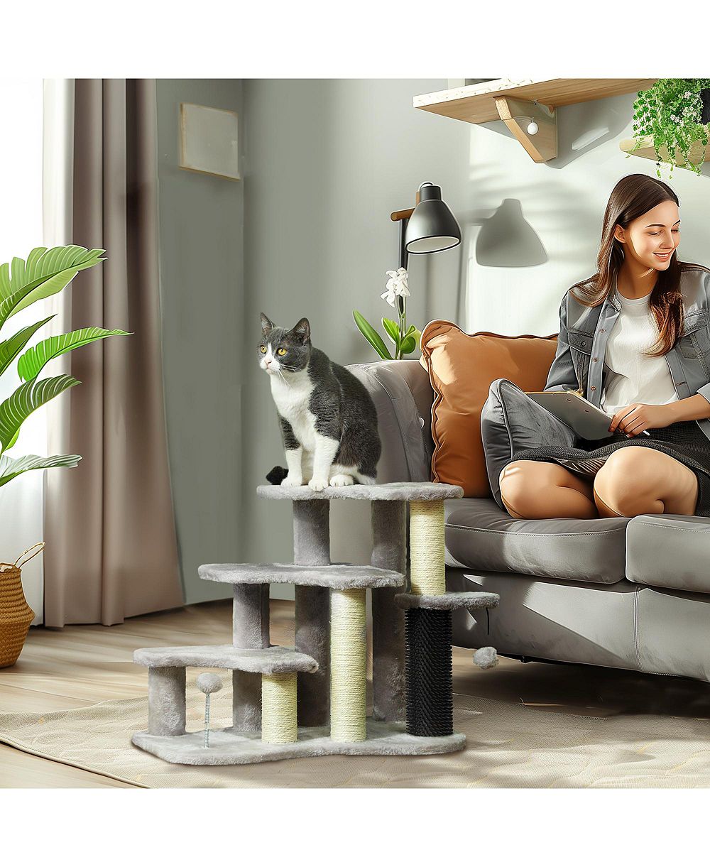 RUIE 2 in 1 Cat Tree Tower and 3 Step Pet Stairs with Scratching Posts and Toy Balls