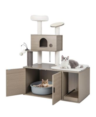 Gymax Cat Tree with Litter Box Enclosure 2-in-1 Modern Cat Tower with Cat Condo
