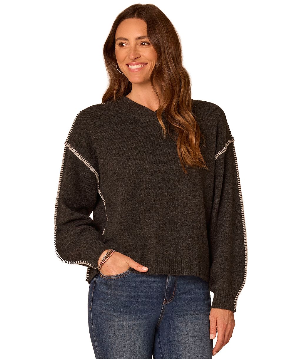 Democracy Women's Long-Sleeve Blanket Stitch Embroidery V-Neck Sweater