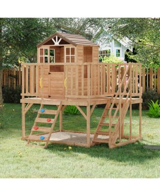homfan 2 Story Wooden Playhouse with 2-in-1 Sandbox and Climbing Wall, Ages 3+