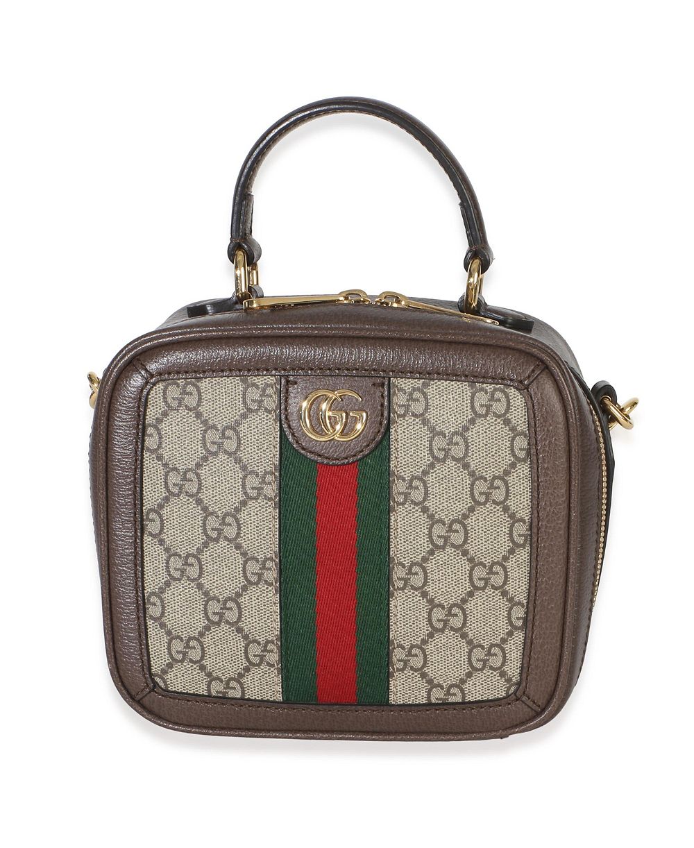 Pre-Owned Gucci Мини-сумка Ophidia с верхней ручкой и плечевым ремнем из канваса GG Supreme Web цвета бежевый и эбони