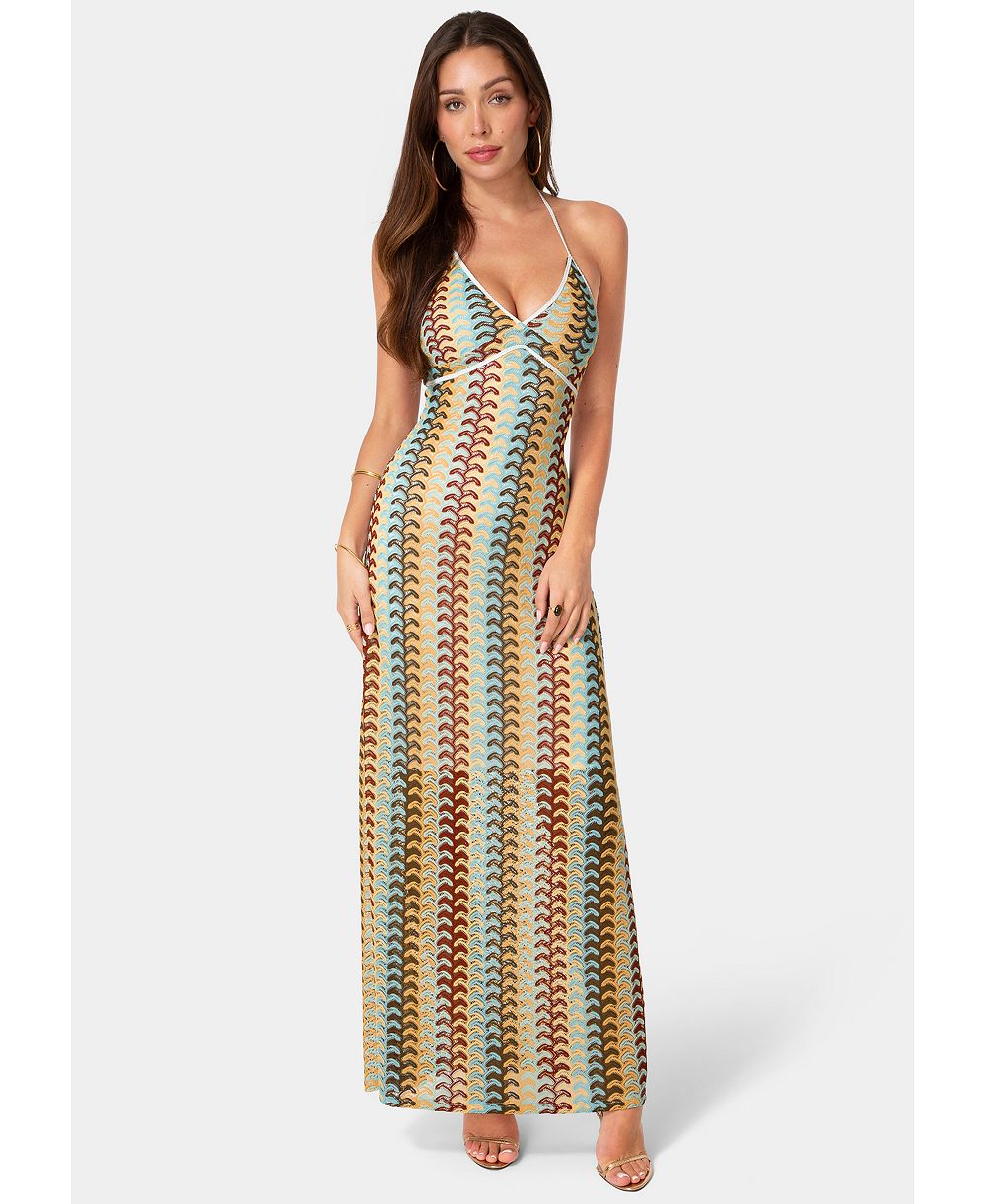 Bebe Женский Crochet Stripe Halter A-Line Maxi Dress