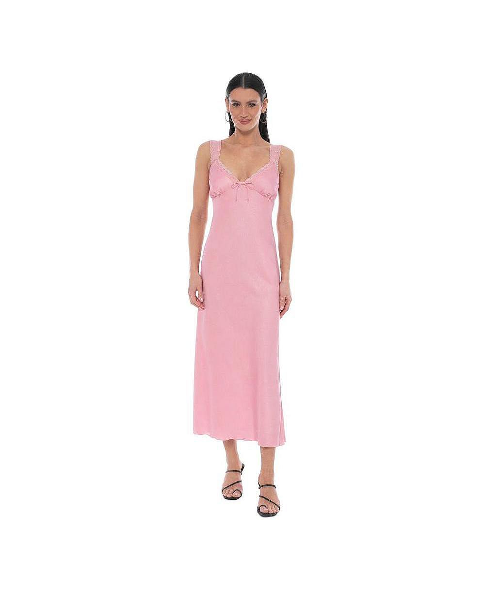 Женское платье Bebe Crushed Satin Slip Midi Lace-Trimmed V-Neck