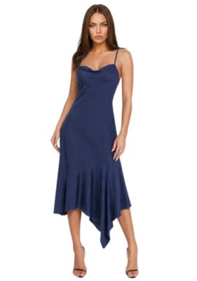 Bebe Women's Crushed Satin Cowl Hanky Flounce Maxi Dress