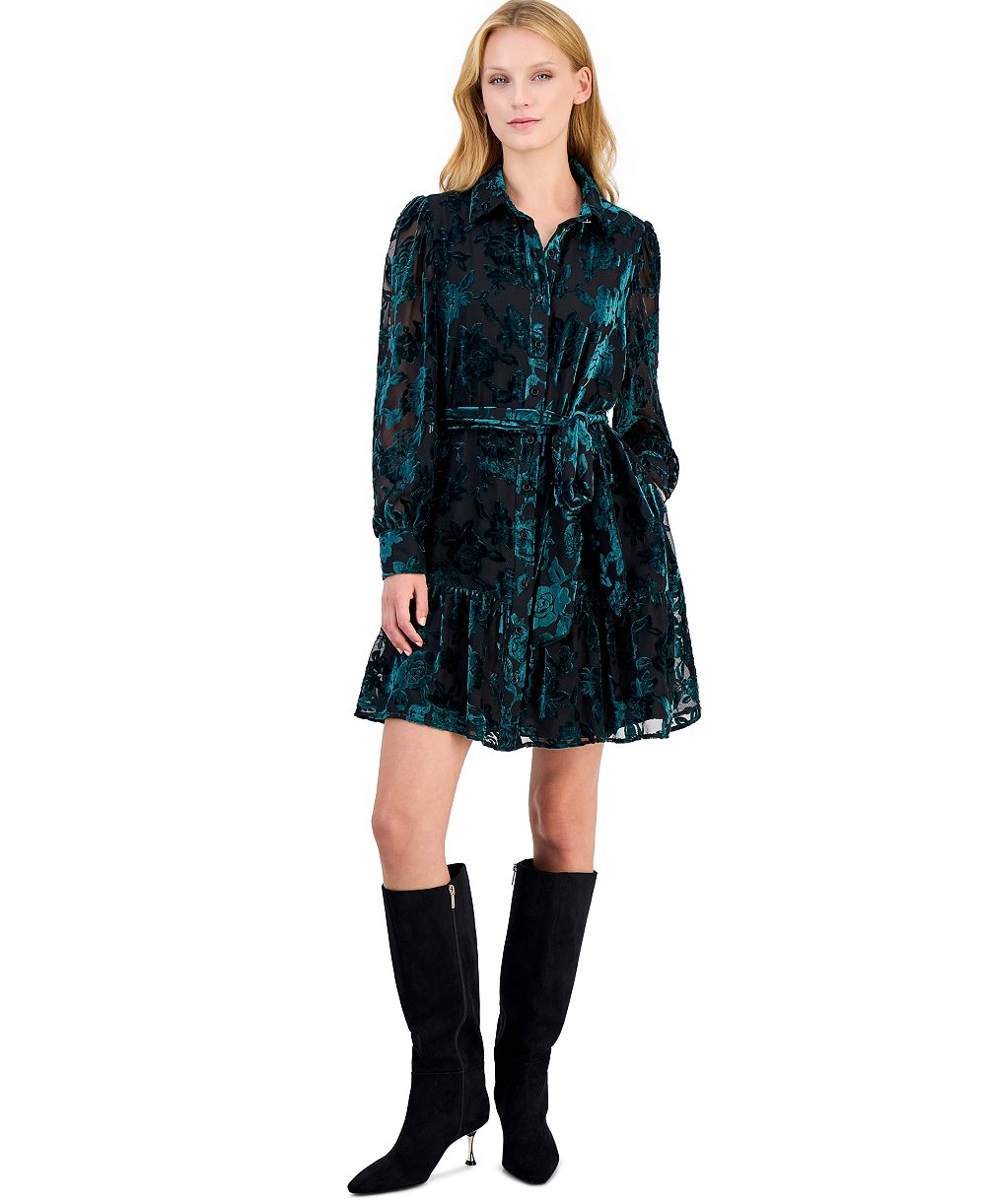 Женское платье-рубашка Anne Klein Petite с бархатным вытравленным узором и ярусом, силуэт приталенное-расклешенное