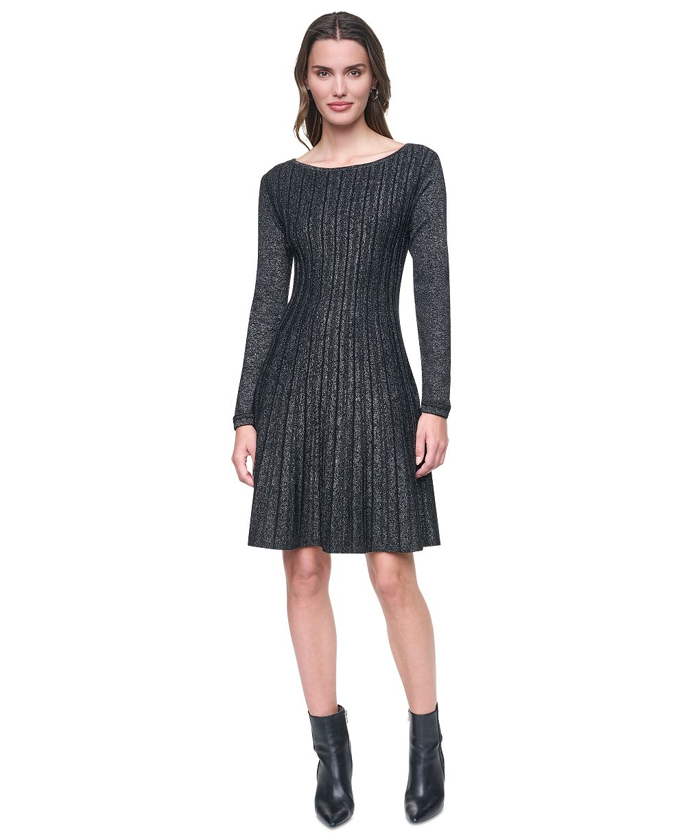 Женское платье-свитер DKNY с длинным рукавом, рифленой текстурой и силуэтом fit-and-flare, размер Petite