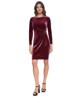 DKNY Petite Long-Sleeve Ruched Velvet Dress