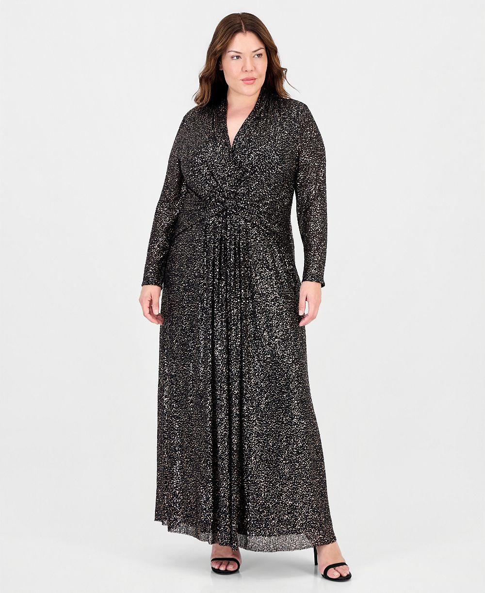 Anne Klein Plus Twist Front V-Neck Plissé Maxi Dress