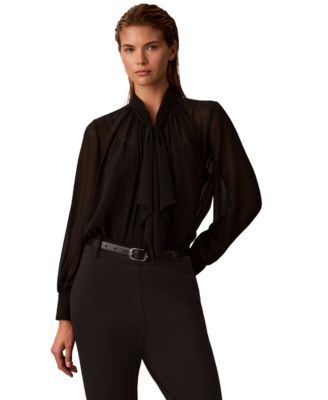 Calvin Klein Women's Long-Sleeve Ruffle Neck Chiffon Blouse