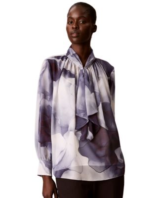 Calvin Klein Women's Ruffle Neck Floral-Print Chiffon Blouse