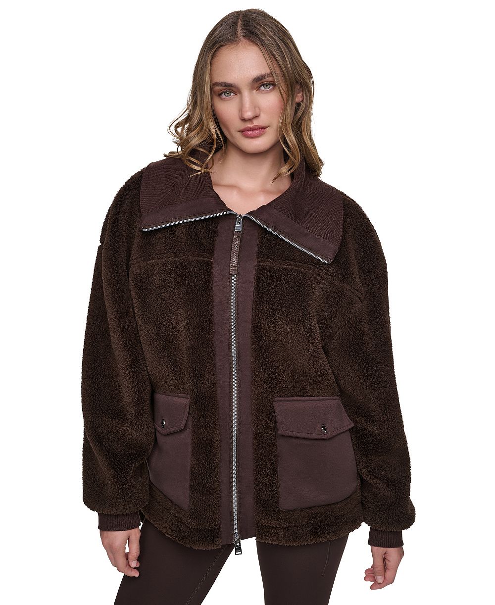 DKNY Sport Women's Funnel Neck High-Low Sherpa Jacket