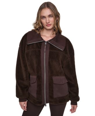 DKNY Sport Women's Funnel Neck High-Low Sherpa Jacket