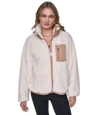DKNY Sport Women's Mock Neck Sherpa Jacket with Woven Piecing