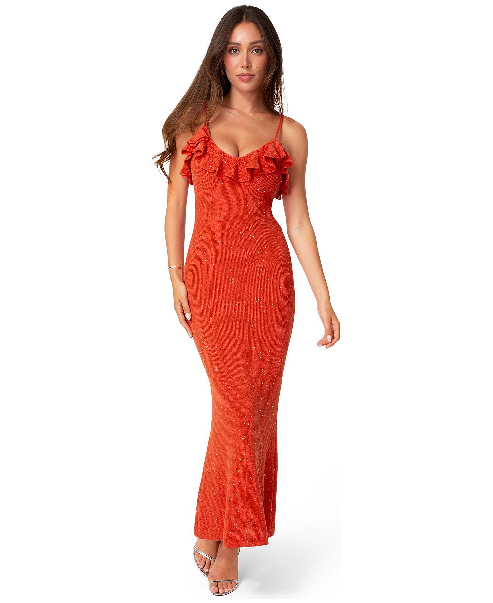 Bebe Women's Sequin Crochet Ruffle Neck Gown