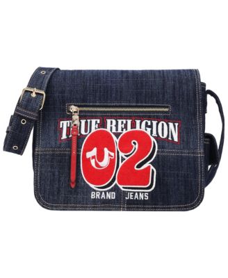 True Religion Women's Varsity Logo Zip Pocket Denim Messenger Bag – Dark Denim Crossbody Bag