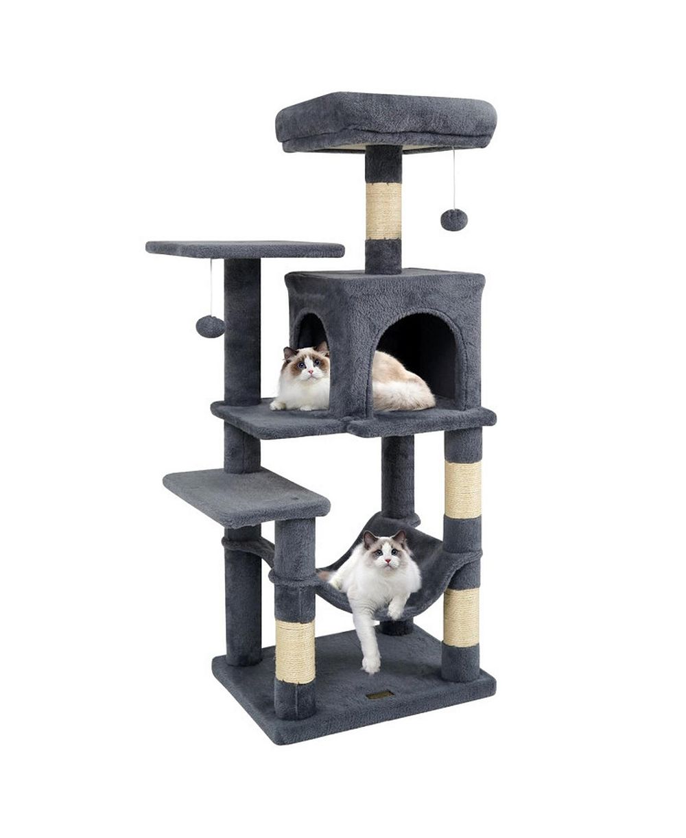 HONGGE 44 Inch Multi-Level Cat Tower with 2-Door Condo Padded Perch Hammock and Sisal Posts